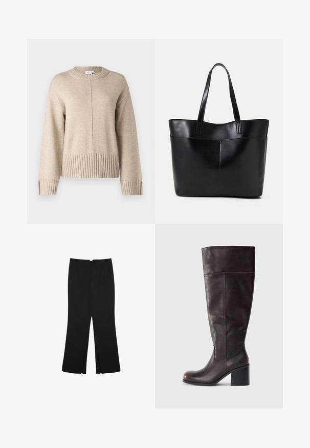 Beige neulepusero, jossa on pyöreä pääntie, ribbireunus ja hihat. Edessä pystysauma ja halkiot helmassa.; Mustat housut suoralinjaisella leikkauksella, joissa on etutaskut ja sivurei'ät helman alla. Valmistettu pehmeästä ja sileästä kankaasta. Sopii eri tilaisuuksiin.; Ruske nahke čizme do koljena s okruglim prstom i složenim potplatom. Imaju glatku teksturu i detalj s bočnim šavom.; Musta nahkainen kassi, jossa on kaksi pitkää kahvaa, sileä pinta ja jämäkkä muoto. Sisältää etutaskun lisävarastointia varten.