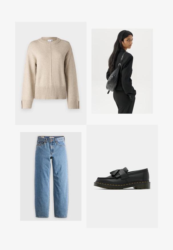 Beżowy sweter z dzianiny z okrągłym dekoltem, prążkowanym wykończeniem u dołu i przy mankietach. Posiada pionowy szew z przodu oraz boczne rozcięcia u dołu.; Jasnoniebieskie dżinsy o prostym kroju, pięć kieszeni, zamek błyskawiczny oraz delikatna struktura z efektem przetarcia. Klasyczny styl z minimalną ilością elementów metalowych.; Czarne skórzane mokasyny z okrągłym noskiem, z frędzlami i dekoracyjną taśmą z przodu, osadzone na grubej obcasie.; Kobieta z długimi ciemnymi włosami, ubrana w czarny garnitur, trzymająca czarną skórzaną torbę na ramię, spoglądająca przez ramię na białym tle.