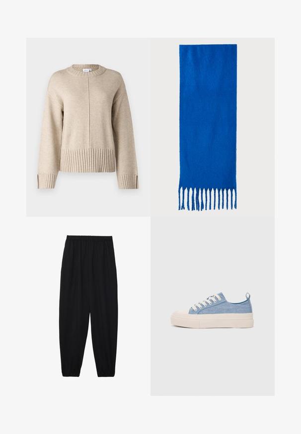 Šviesiai rudas megztinis su apvaliu kaklu, raštuotu apačios ir rankogalių kraštu. Priekyje turi vertikalią siūlę ir šonines skyles apačioje.; Juodi, lengvi kelnių su elastinga juosmens juosta ir surinktais kulkšniais. Audinys yra lygus ir turi atsipalaidavusį, siaurėjantį dizainą.; Šviesiai mėlyni drobės sportbačiai su kreminiu guminiu pirštų apsaugos ir pado elementu, balti raišteliai ir kilpa ant kulno.; Mėlyna frakuota šalikas, pagamintas iš minkštos medžiagos; turi vientisą spalvą su tekstūruotu paviršiumi ir vienodai nukirptais frakais apačioje.