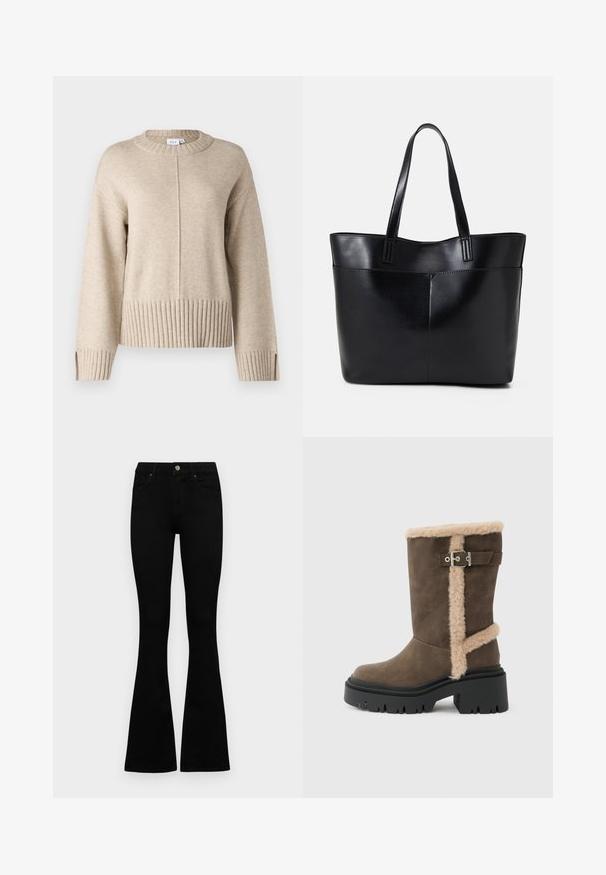 Šviesiai rudas megztinis su apvaliu kaklu, raštuotu apačios ir rankogalių kraštu. Priekyje turi vertikalią siūlę ir šonines skyles apačioje.; Juodos aukšto liemens džinsai su mygtuku ir užtrauktuku, priekinėmis kišenėmis ir platėjančiomis kojomis, išdėstyti ant baltos fono.; Rudas zomšinis kulkšnies aulinukas su smėlio spalvos kailio apdaila, sidabriniu sagties akcentu ir juodu masyviu padu su storu protektoriaus raštu.; Juoda odinė rankinė su dviem ilgais diržais, lygiu paviršiumi ir struktūrizuota forma. Yra priekinė kišenė papildomam saugojimui.