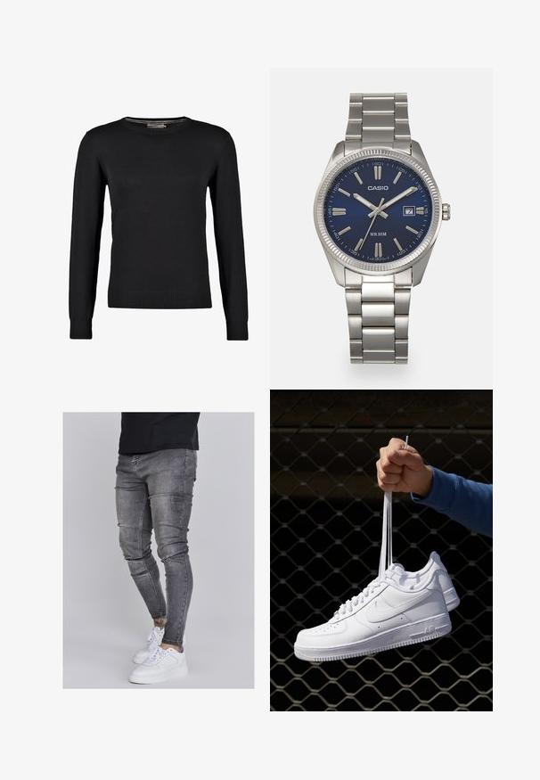 Czarny, dziany sweter z długimi rękawami, okrągłym dekoltem oraz prążkowanymi mankietami i dolnym wykończeniem. Gładka faktura i dopasowany krój.; Wąskie dżinsy w wyblakłym szarym denimu, z przetarciami na kolanach, zestawione z białymi trampkami. Gładka faktura, fason dopasowany.; Białe skórzane sneakersy z perforacjami, okrągłym noskiem, płaską podeszwą i grubymi sznurówkami, z widocznym logo swoosh i napisem „AIR” na pięcie.; Srebrny zegarek na stalowej bransolecie z niebieską tarczą, metalowymi indeksami godzinowymi oraz okienkiem daty na godzinie 3. Wodoodporny do 50 metrów.