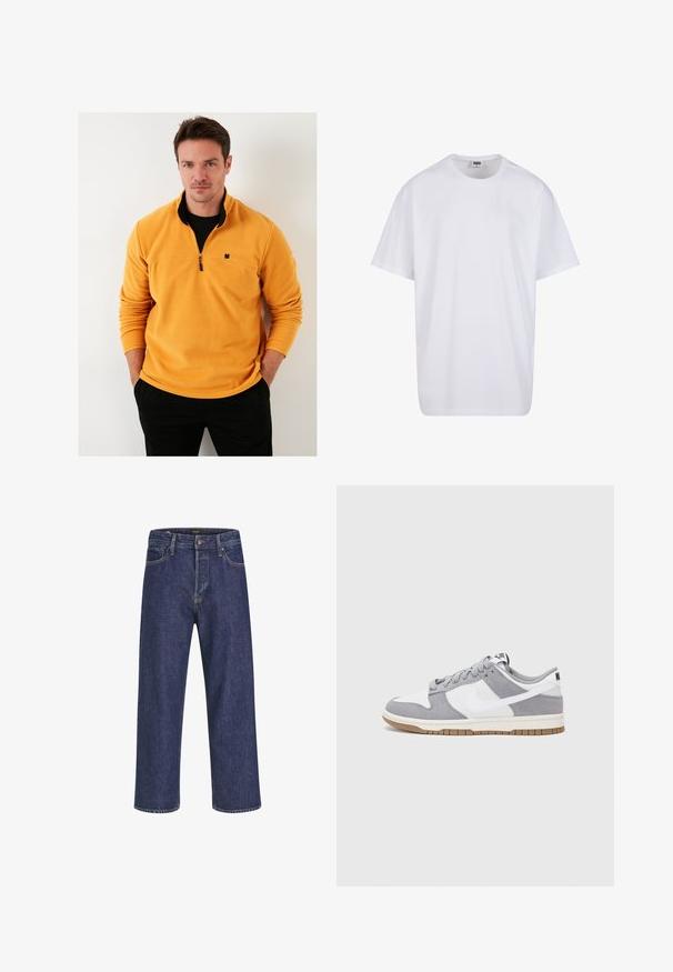 Rumena flis jopica s četrt-zadrgo in ovratnikom, ki ima črno izšito listnato logo na prsih in rebraste manšete.; Bela bombažna majica s kratkimi rokavi, okroglim izrezom, sproščenim krojem in brez vidnih logotipov ali vzorcev. Gladka tekstura in minimalen dizajn.; Temno modri jeans z ravnim krojem, zasnovo s petimi žepi, kovinskim gumbom za zapiranje in kontrastnim šivom ter subtilno teksturo.; Nike superge imajo zgornji del iz sivega semiša in bele usnjene tkanine z luknjicami, okroglimi vezalkami in gumijastim podplatom za oprijem.