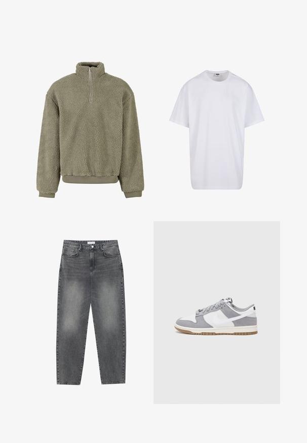 Pullover in pile verde oliva con mezza zip. Esterno texturizzato e polsini e orlo a coste. Vestibilità ampia per un maggiore comfort.; Maglietta bianca in cotone con maniche corte, scollatura rotonda, vestibilità comoda e senza loghi o motivi visibili. Texture liscia e design minimale.; Jeans a vita alta, dal taglio ampio in denim nero sbiadito. Presentano cinque tasche, passanti per cintura e un design dritto e pulito.; Sneaker grigia e bianca con tomaia in suede e pelle, punta arrotondata, lacci piatti e soletta in gomma con un accento color caramello.