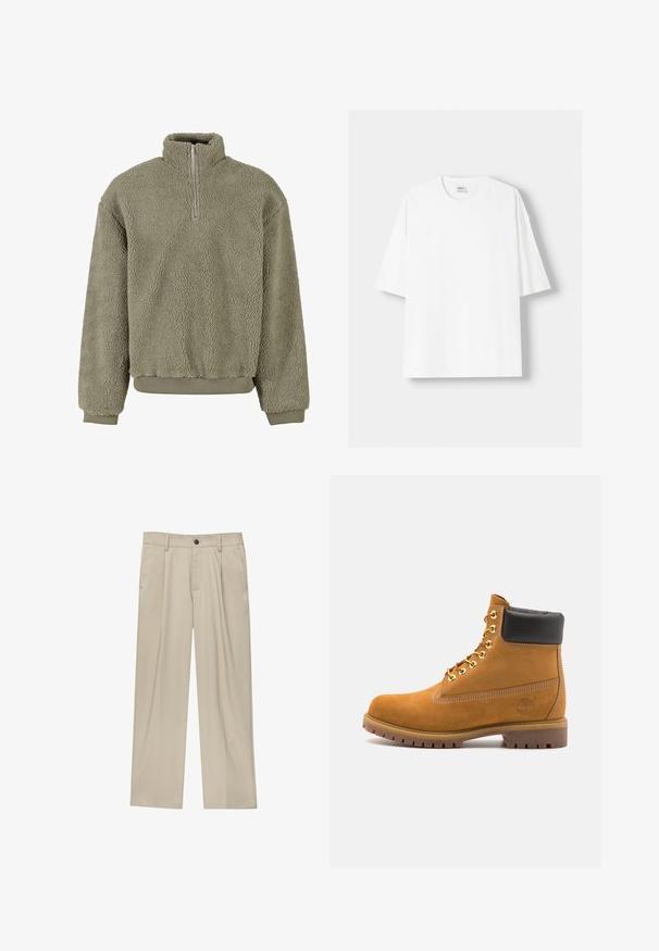Fleece pulover v olivno zeleni barvi s pol zadrgo. Tekstuirana zunanjost ter rebraste manšete in rob. Ohlapen kroj zagotavlja udobje.; Bela kratka majica s kratkimi rokavi iz bombaža, s krožnim izrezom in sproščenim krojem. Gladka tekstura, brez vidnih vzorcev ali poudarkov.; Bež hlače ravnega kroja, z enim črnim gumbom, zanke za pas in stranskimi žepi. Gladka tekstura tkanine in minimalističen dizajn.; Svetlo rjave anklne čizme iz semiša z črnim oblazinjenim ovratnikom, zlatimi kovinskimi očesci, belimi šivi in robustnim gumijastim podplatom s izrazitimi tredi.