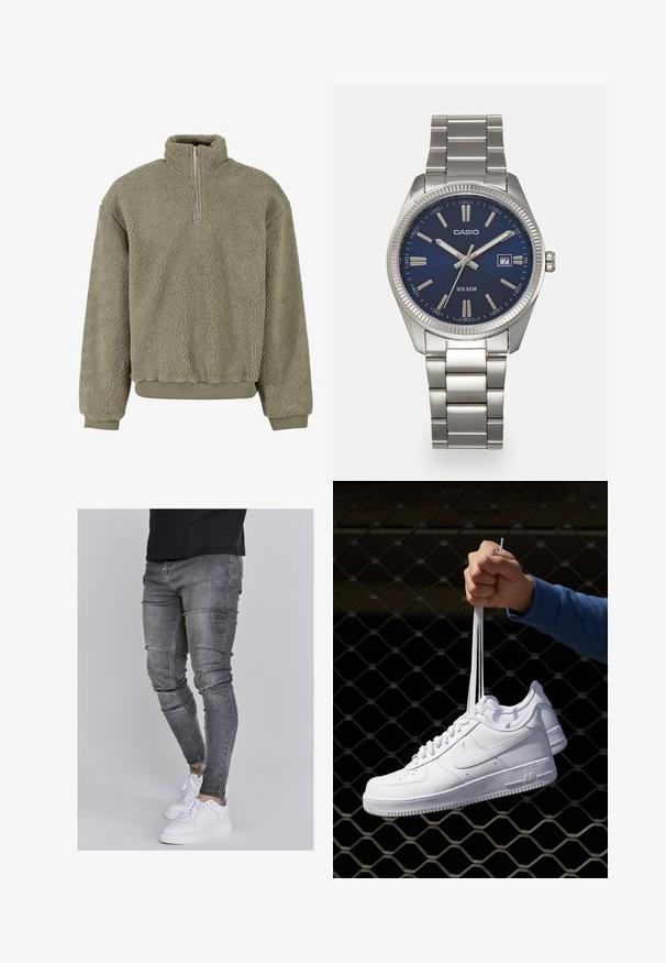 Fleece pullover i olivengrøn med en halvdels lynlås. Struktureret ydre og ribbede cuffs og kant. Den afslappede pasform tilføjer komfort.; Slank jeans i falmet grå denim med slidte detaljer ved knæene, parret med hvide sneakers. Glat tekstur, slim fit design.; Hvide lædersneakers med perforeringer, rund tå, flad sål og tykke snørebånd, med et synligt swoosh-logo og "AIR" på hælen.; Sølv rustfrit stål urrem med en marineblå urskive, metallic timemarkører og et datovindue kl. 3. Vandafvisende op til 50 meter.