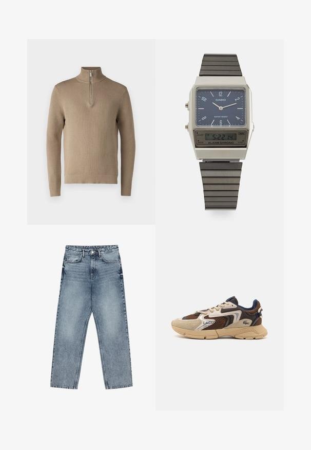 Beige pletený pulovr s vysokým límcem a polo-zipem. Má elastické manžety a lem, strukturovanou látku a dlouhé rukávy.; Světle modré džíny z denimu se střihom rovnými nohavicemi, viditelným šitím, designem s pěti kapsami a knoflíkovým zapínáním v pase.; Béžové a hnědé tenisky s texturovanými síťovinovými panely, akcenty z semiše a gumovou podrážkou. Mají šněrovací design a značkové detaily.; Digitální hodinky Casio s modrým ciferníkem, stříbrným pouzdrem a vrstveným černým gumovým remínkem. Zobrazuje čas a nastavení alarmu. Voděodolné.