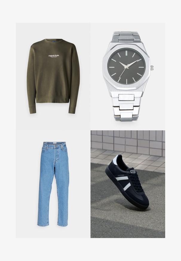 Olive zöld pulcsi, kerek nyakkivágással, hosszú ujjakkal és passzéval. A mellkason fehér hímzéssel szerepel az "Originals Studio" felirat.; Világoskék, magasan ültetett, egyenes szabású farmernadrág elülső gombbal, cipzáras záródással, övhurkokkal és öt zsebes kialakítással, fehér háttérrel.; Fekete bőr sportcipő fehér csíkokkal, textúrált gumitalppal és fűzős elejével. A nyelvén márkás címke található.; Ezüst analóg óra nyolcszögletű tokban, szürke számlappal, ezüst órajelzőkkel és rozsdamentes acél link karkötővel. Minimalista design sima felülettel.