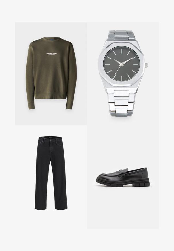 Olivově zelená mikina s kulatým výstřihem, dlouhými rukávy a úzkými manžetami. Na hrudi je vyšitý nápis "Originals Studio" v bílé barvě.; Černé džíny rovného střihu z denimu s knoflíkovým a zipovým zapínáním, poutky na opasek a předními i zadními kapsami.; Černé kožené mokasíny s hladkým povrchem, se zapínáním vpředu a masivní gumovou podrážkou se vroubkovanými detaily.; Stříbrné analogové hodinky s osmiúhelníkovým pouzdrem, šedým ciferníkem, stříbrnými indexy a nerezovým ocelovým náramkem. Minimalistický design s hladkou texturou.