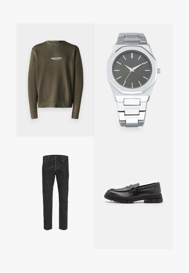 Olivengrønn genser med rund hals, lange ermer og stramme mansjetter. Har "Originals Studio" brodert i hvitt på brystet.; Svart denim jeans med rett ben-design, fem lommer og beltehemper, med en lett falmet tekstur og kontraststing.; Sorte skinnloafers med en glatt overflate, med et frontreim-detalj og en kraftig gummisåle med rillete detaljer.; Sølv analog klokke med oktagonal klokkesak, grå skive, sølvfargede timemarkører og lenkebånd i rustfritt stål. Minimalistisk design med glatt tekstur.