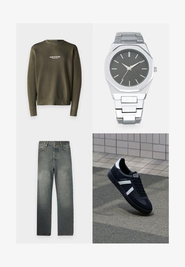Olivovo zelená mikina so športovým výstrihom, dlhými rukávmi a priliehavými manžetami. Na hrudi sa nachádza biele vyšívané označenie "Originals Studio".; Jack & Jones JJIALEX JJCOOPER - Džínsy baggy - black denim; Čierne kožené tenisky s bielymi pruhmi, textúrovanou gumovou podrážkou a šnurovaním vpredu. Obsahujú označenie značky na jazyku.; Strieborné analógové hodinky s osemuholníkovým puzdrom, sivým ciferníkom, striebornými hodinovými indexmi a nerezovým oceľovým remienkom. Minimalistický dizajn s hladkou textúrou.