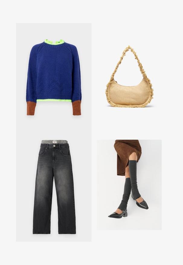 Maglione in maglia blu navy con motivo a zigzag testurizzato, collo verde con volant e polsini marroni a coste. Presenta vivaci contrasti di colore e una vestibilità comoda.; Jeans neri in denim a gamba larga con una cintura a motivo houndstooth. Presentano tasche frontali e chiusura con bottone. Texture usurata.; Scarpe nere in pelle verniciata con punta affilata, tacco a blocco e cinturino alla caviglia, abbinate a scaldamuscoli grigi a coste e una gonna in suede marrone.; Borsa beige strutturata con forma arrotondata, bordo sfrangiato lungo i lati e una tracolla corta per il trasporto. Apertura con zip nella parte superiore.
