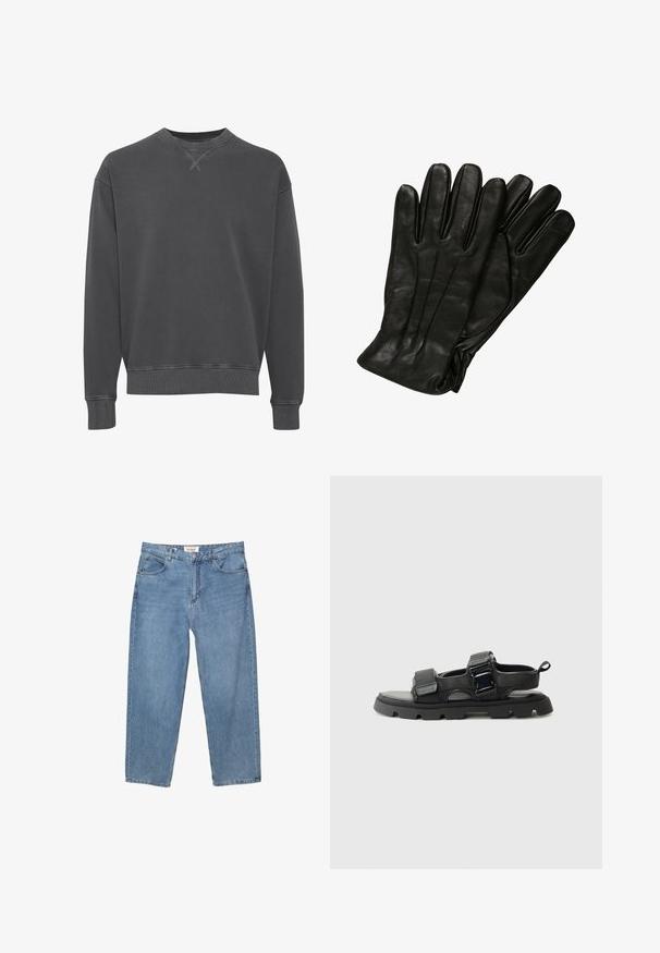 Mørkegrå crewneck sweatshirt lavet af en bomuldsblanding, med ribbede manchetter og kant, og en tekstureret overflade med subtile sy-detaljer.; Lysblå denim jeans med lige ben, fem lomme-designet og et synligt mærkeetiket ved taljen.; Sorte sandaler med en tekstureret stofoverdel, brede remme, metalspænde og en tyk gummisål med et mønster.; Sorte læderhandsker med en glat tekstur, fem fingre og subtile syninger. Klassisk design, egnet til brug i koldt vejr.