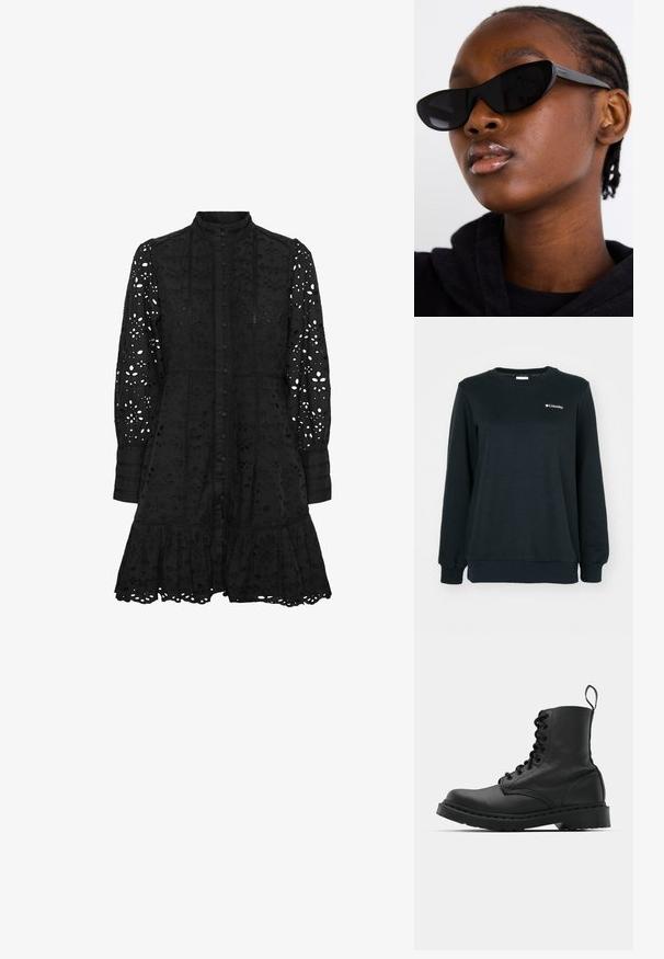 Columbia MARBLE CANYON™ CREW - Ikdienas džemperis - black; Melna izšūta kleita ar augstu apkakli, pogu priekšējo daļu, garām piedurknēm un viļņotu apakšmalu. Satur izgriezumus ar ziedu un ģeometriskām rakstām.; Melnas ādas kaujas zābaki ar apaļu purngalu, auklām priekšā un cilpu potītes daļā. Iespējojums ir biezs gumijas zolei, kas nodrošina izturību.; Melnas kaķa acs saulesbrilles ar matētu apdari, kas izceļas ar elegantu dizainu un maigi izliektiem stūriem, fona attēlā ir modelis ar tumšām drēbēm.; Sudraba riņķveida auss gredzeni ar gludu, pulētu apdari. Apaļa forma un drošs klikšķa augšējais slēgums. Viegls dizains, kas piemērots ikdienas valkāšanai.