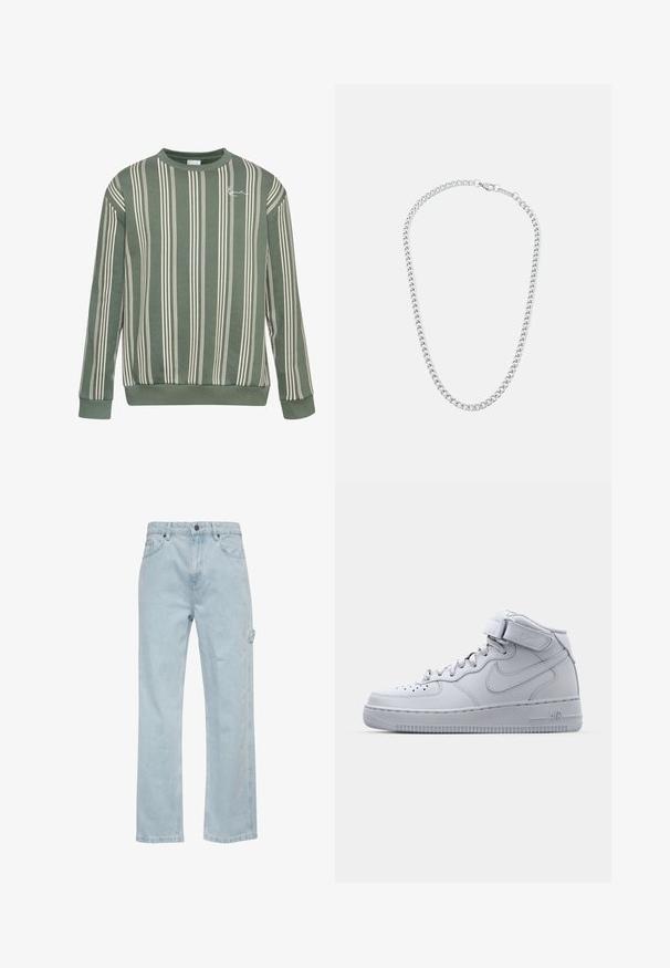 Zöld csíkos pulóver hosszú ujjjakkal, függőleges fehér csíkokkal és kerek nyakkal. Puha anyag ribbelt aljúval és mandzsettával.; Világoskék farmernadrág egyenes lábú szabással, elülső és hátsó zsebekkel, valamint egy oldalsó cargo zsebbel. Simaszerkezet, laza stílus.; Magas szárú szürke Nike Air Force 1 sportcipők bőrből készült felsőrészsel, párnázott bokarésszel és tépőzárral. Ikonikus dizájn jellemzi a perforált orrdoboz.; Ezüst színű fém lánc nyaklánc, amely összekapcsolt gyűrűkből áll, biztonságos kapoccsal, sima felülettel, egyenletes kidolgozással és klasszikus dizájnnal.