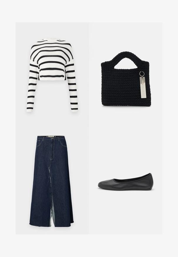Gekürzter Strickpullover mit langen Ärmeln, der abwechselnd schwarze und weiße horizontale Streifen zeigt. Strukturiertes Material, klassischer runder Halsausschnitt.; Dunkelblaue Jeans-Lange mit einem vorderen Schlitz. Sie verfügt über ein traditionelles Fünf-Taschen-Design und sichtbare Nähte. Der Saum ist ausgefranst.; Schwarze Leder-Ballettschuhe mit abgerundeter Spitze, glatter Textur, minimalen Nähdetails und einem flexiblen Sohlen-Design.; Won Hundred MARSIELLE COMPUTER BAG UNISEX - Notebooktasche - black