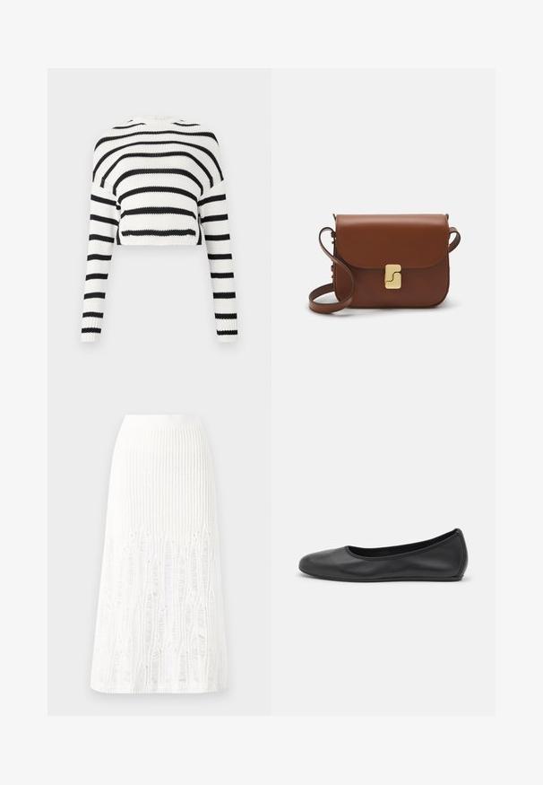 Przycięty sweter dzianinowy z długimi rękawami, w pionowe naprzemienne czarne i białe paski. Teksturowana tkanina, klasyczny okrągły dekolt.; Dzianinowa biała spódnica midi z fakturowanym wzorem w pionowe linie oraz wycięciami przy dolnej krawędzi. Elastyczny pas. Miękki materiał.; Czarne skórzane baletki z zaokrąglonym noskiem, gładką fakturą, minimalnymi przeszyciami i elastycznym designem podeszwy.; Brązowa skórzana torebka na ramię z klapką, złotymi detalami, paskiem na ramię i gładką teksturą. Kompaktowy prostokątny kształt.