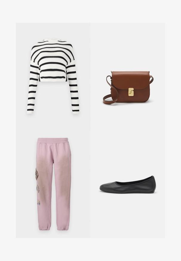 Afklippet striktrøje med lange ærmer, der har skiftende sorte og hvide vandrette striber. Teksturstoffet, klassisk rund halsudskæring.; Hvid kortærmet t-shirt lavet af ribbet stof. Rund halsudskæring, almindelig pasform og subtile syninger. Ingen mønstre eller grafik.; Lyserøde sweatpants med elastisk talje, prydet med dekorative patches i diamantform på venstre side og elastiske manchetter ved anklerne.; Sort læderballetsko med rund tå, glat tekstur, minimal syning og et fleksibelt såldesign.; Brun læder håndtaske med flaplukning, hardware i gyldent tone, en skulderrem og en glat overflade. Kompakt rektangulær form.