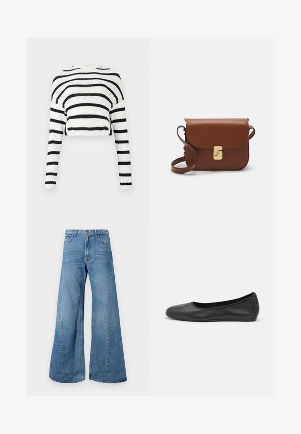 Maglione a maglia corto con maniche lunghe, caratterizzato da strisce orizzontali alternate in bianco e nero. Tessuto testurizzato, colletto rotondo classico.; Jeans in denim blu a gamba larga con vita alta, caratterizzati da un classico stile a cinque tasche e una leggera scoloritura per aggiungere texture.; Pantofole da balletto nere in pelle con punta arrotondata, texture liscia, dettagli di cucitura minimi e design con suola flessibile.; Borsa a tracolla in pelle marrone con chiusura a pattina, hardware color oro, tracolla e una finitura liscia. Forma rettangolare compatta.