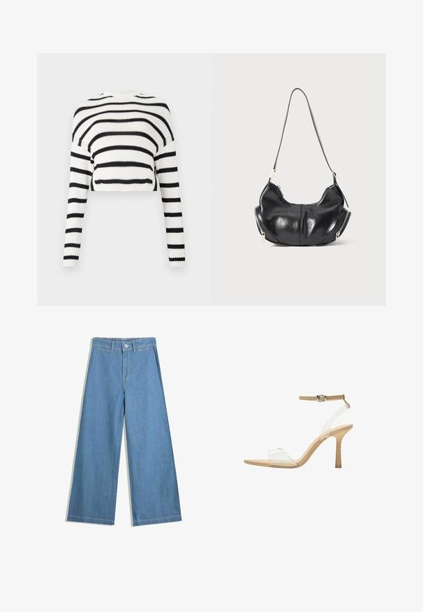 Zkrácený pletený svetr s dlouhými rukávy, s alternativními černobílými vodorovnými pruhy. Texturovaná tkanina, klasický kulatý výstřih.; Světle modré široké džíny vyrobené z denimu, s uzávěrem na knoflík, poutky na pásek a jemnými detaily šití.; Průhledná sandálová obuv s průhledným svrškem, béžovou stélkou a štíhlým páskem kolem kotníku. Má špičatou špičku a tenký vysoký podpatek.; Černá kožená taška ve tvaru půlměsíce s stříbrnými zipy po obou stranách a jedním popruhem.