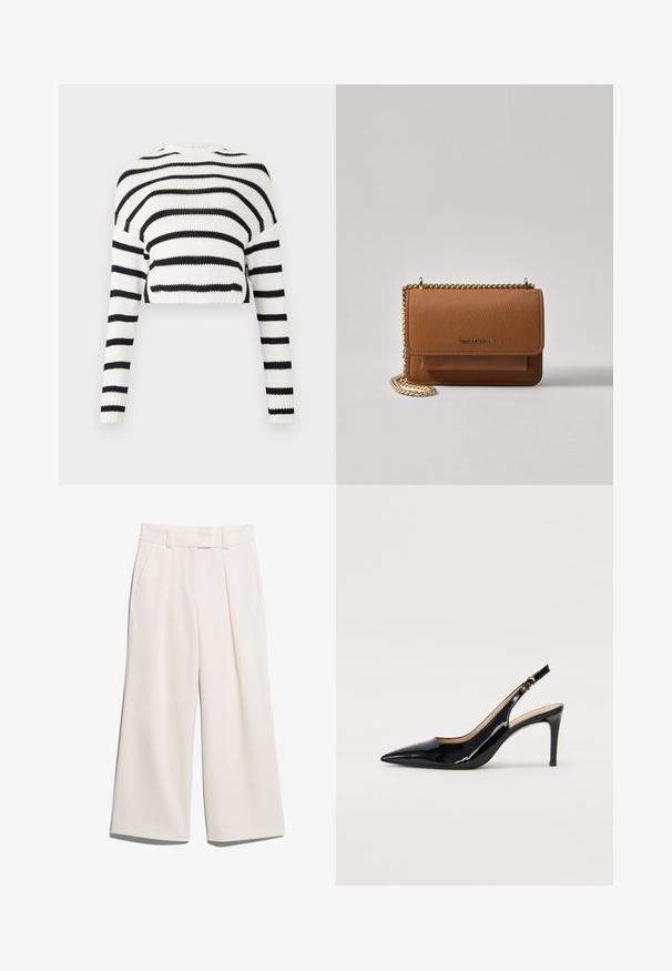 Kurtākas adītas džemperis ar garām piedurknēm, kuram ir maiņā melnas un baltas horizontālas svītras. Strukturēta auduma, klasiskā apaļā izgriezuma.; Platām kājām bikses gaiši krēmkrāsā, izgatavotas no gludas auduma ar divām priekšējām kabatām un redzamu dūrienu josta.; Melnas lakotās ādas slingback kurpes ar izteiktu degunu, šauru papēdi un smalku izgriezumu dizainu. Siksniņai ir zelta sprādze.; Brūna teksturēta ādas plecu soma ar zelta ķēdes siksnu un atloka aizdari. Priekšpusē ir logotipa detaļa un kabata zem atloka.