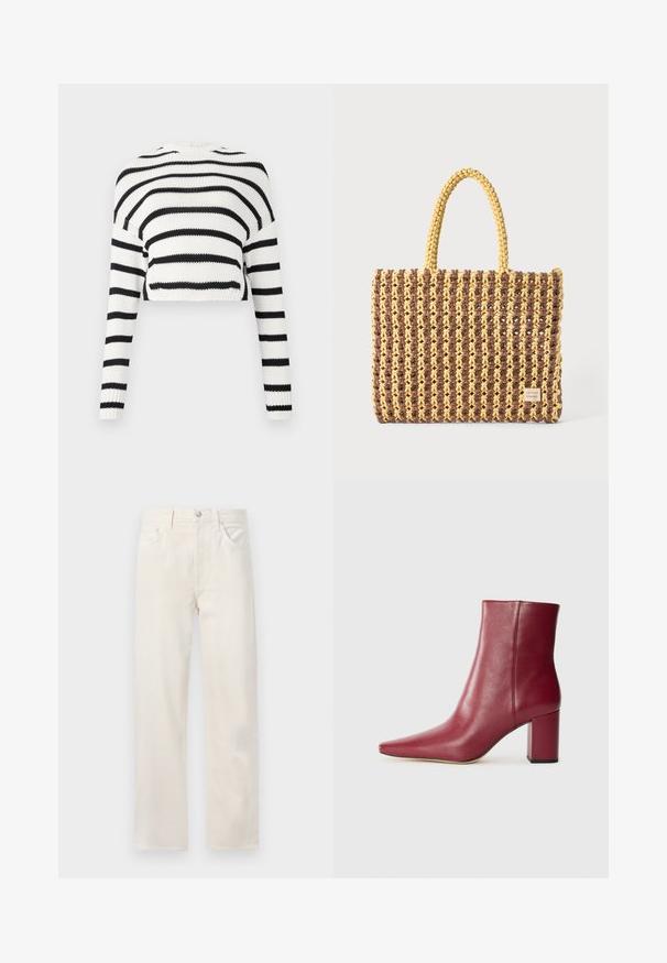 Kostnadsfri strikket genser med lange ermer, som har alternerende svarte og hvite horisontale striper. Teksturert stoff, klassisk rund halsutskjæring.; Off-white straight-leg denim jeans med fem lommer, beltehemper og en knapp- og glidelås lukking i midjen.; Burgunderfargede lærankelsko med spiss tå, blokkhel og glatt tekstur, med en sømløs design uten synlig maskinvare.; Vevd pose i brunt og gult, med rektangulær form, to håndtak, og en strukturert overflate med synlige sting og en merke-tag.
