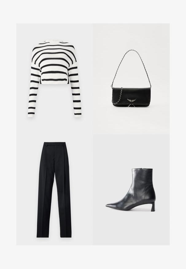 Skraćeni pleteni pulover s dugim rukavima, s izmjeničnim crnim i bijelim horizontalnim prugama. Teksturirana tkanina, klasičan okrugli izrez.; Crne hlače od glatkog materijala s visokim strukom, širokim nogavicama, prednjim pregibima i klasičnim petljama za remen. Nema vidljivih bočnih džepova.; Crne kožne gležnjače s uskim vrhom i elegantnim dizajnom. Imaju niski potpetak i zatvaranje na patentni zatvarač straga. Glatka tekstura.; Crna kožna torba s srebrnim lanac strapom, s dekorativnim krilnim naglascima i bijelim šavovima duž donjeg šava.