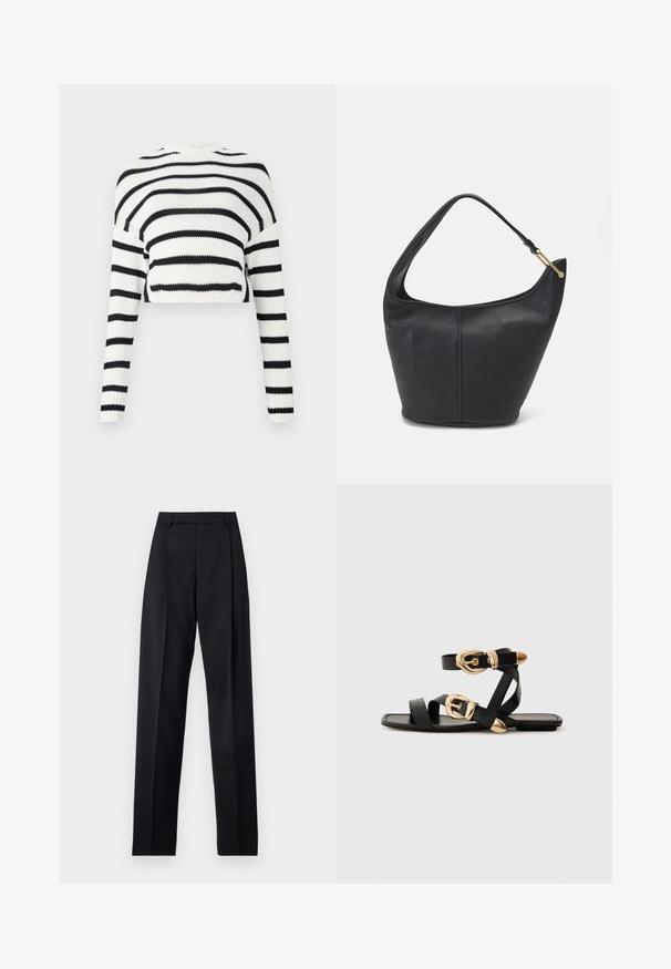 Afklippet striktrøje med lange ærmer, der har skiftende sorte og hvide vandrette striber. Teksturstoffet, klassisk rund halsudskæring.; Sorte bukser lavet af glat stof, der har høj talje, brede ben, frontfolder og klassiske bælteløkker. Ingen synlige sidelommer.; Sorte lædersandaler med guldspænde detaljer, der har flere stropper og et fladt såldesign til åbne tåer.; Sort læderhandtaske med en rund form, bred rem og textured finish. Har en subtil sømdetalje og en hardware i gyldent tone.