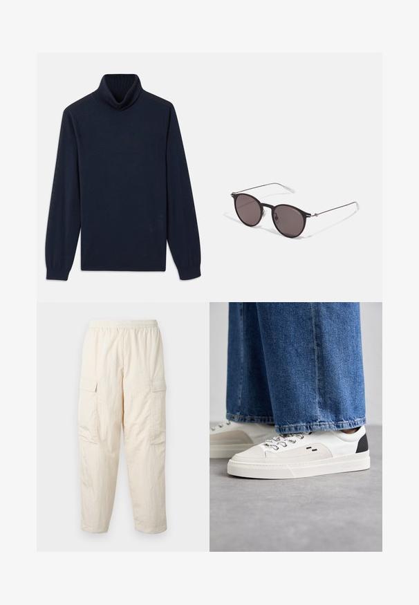Marineblå turtleneck genser laget av glatt stoff, med en ribbestrikket krage og lange ermer med tettsittende mansjetter. Enkelt design uten mønstre.; Beige cargo bukser med elastisk talje, som har to sidelommer og et blødt, let stof. Stribet tekstur.; Hvite og svarte joggesko med en glatt læroverdel, teksturerte detaljer og en kraftig hvit såle. Har en klassisk snøring.; Sorte, runde solbriller med mørke linser og slanke metalarmer. Inkluderer klare temple tips og sølvfargede detaljer ved hengslet. Minimalistisk design.