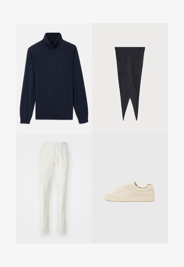 Navy turtleneck sweater made of smooth fabric, featuring a ribbed collar and long sleeves with fitted cuffs. Simple design with no patterns.; White trousers made of cotton, featuring a straight-leg design, flat front, and no visible patterns or hardware. Smooth texture.; Beige suede sneaker with a low-top design, round toe, flat laces, and a textured rubber sole. Minimalist style with no visible logos.; Navy pinstriped fabric, tapered design, elongated shape with pointed ends, smooth texture with vertical stripes, no visible hardware.