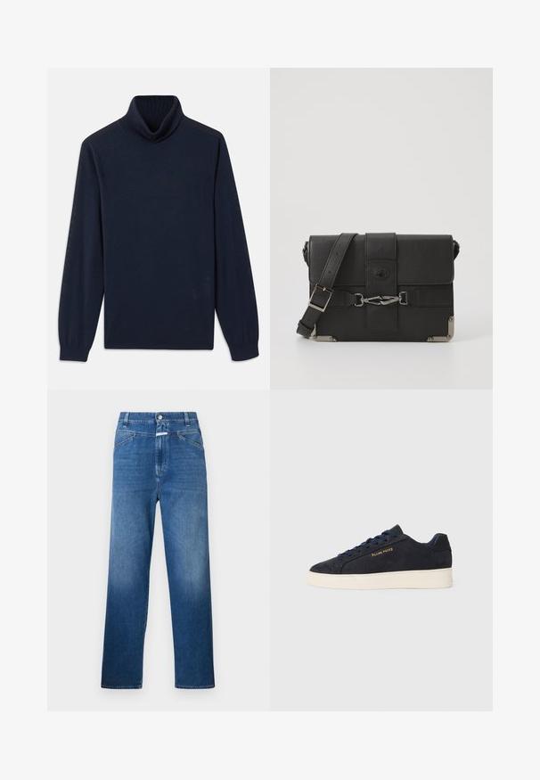 Tengerészkék garbó pulóver sima anyagból, bordázott gallérral és hosszú ujjal, fitted mandzsettákkal. Egyszerű dizájn, minta nélkül.; Kék farmernadrág egyenes szárvágással, gombos záródással, övpántokkal és enyhe kopással a comboknál.; Sötétkék velúr, alacsony szárú teniszcipő fehér talppal, sötétkék fűzőkkel és arany színű "Filling Pieces" logóval az oldalán.; Fekete bőrmessenger táska texturált felülettel, fém kiegészítők, állítható vállpánt és csattal záródó fedél.