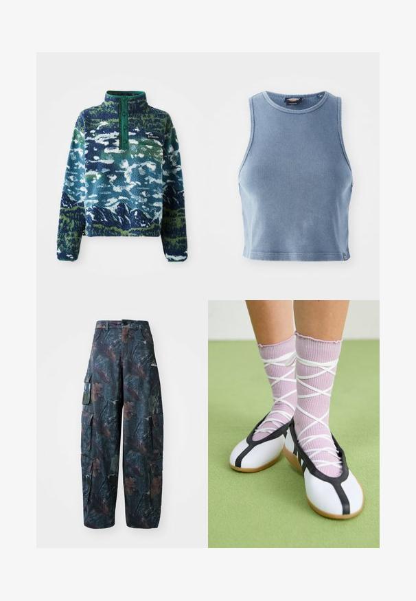 Fleece džemperis su žaliu apykakle, turintis kalnų raštą mėlynos ir žalios spalvų tonais. Įeina užtrauktuku uždaromas kišenė ir mygtukų užsegimas.; Šviesiai mėlynas raukšlėtas trumpas marškinėliai su apvaliu iškirpimu ir be rankovių dizainu. Lygus paviršius ir mažas logotipo detalė prie apvado.; Tamsiai žalios ir rudos kamufliažinės krovinių kelnės, turinčios daug kišenių ir laisvą siluetą, pagamintos iš lengvos, patvarios medžiagos.; Balti plokšti batai su juodu apvadu ir padu, derinami su šviesiai violetinėmis raukšlėtomis kojinėmis, turinčiomis baltomis kryžminėmis juostelėmis. Nustatyti žaliame fone.