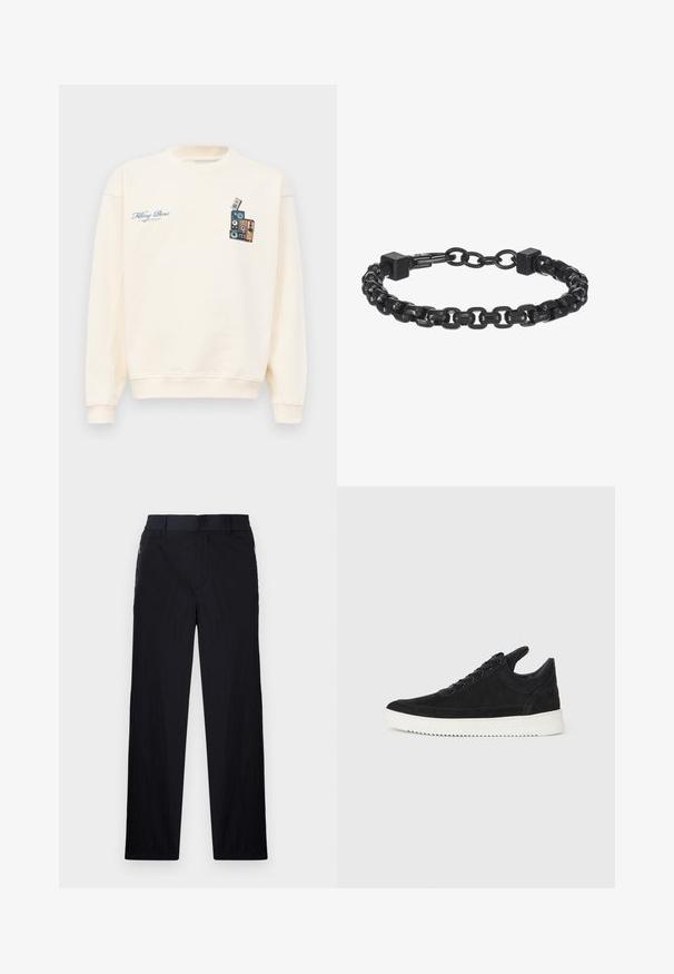 Kremfarget crewneck hettegenser med blå tekst "Filling Pieces" på venstre bryst og grafikk av stablede vintage høyttalere på høyre bryst.; Sorte bukser med lett og teksturert stoff, rett ben-design, elastisk midjebånd og sidelommer med glidelås.; Sorte semskede sneakers med hvit gummisåle, med tonale sømmer og snøring. Glatt tekstur med en moderne, strømlinjeformet form.; Svart metall kjedearmbånd med sammenkoblede lenker, firkantede detaljer og en jevn overflate. Justerbar design for optimal passform.