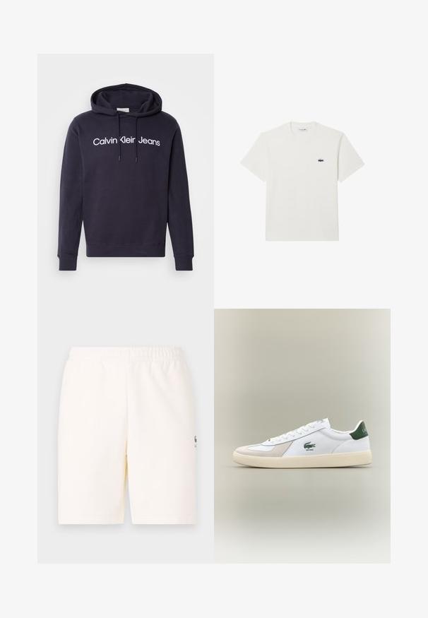 Navy blue hoodie made of cotton blend, featuring a front kangaroo pocket, drawstring hood, and white lettering: "Calvin Klein Jeans."; White cotton t-shirt with short sleeves and a crew neckline. Features a small, embroidered Lacoste logo on the left chest.; Cream-colored shorts with an elastic waistband, made of soft fabric, featuring a small logo on the bottom left leg.; White sneaker with green accents, suede and leather materials, rounded toe, textured outsole, and embroidered logo on side and tongue.