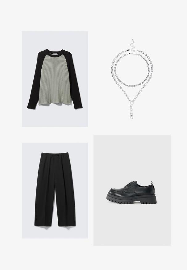Ribbed knit sweater with long black sleeves and a light gray body. Features a round neckline and relaxed fit. Soft texture, casual design.; Black wide-leg trousers made of lightweight fabric, featuring an elastic waistband with a drawstring and no visible pockets.; Black chunky leather lace-up shoe with thick rugged sole and metal eyelets on toe area, photographed against a plain light background.; Silver chain necklace featuring two layered strands with oval links and a Y-shaped drop design. Smooth texture and clasp closure.