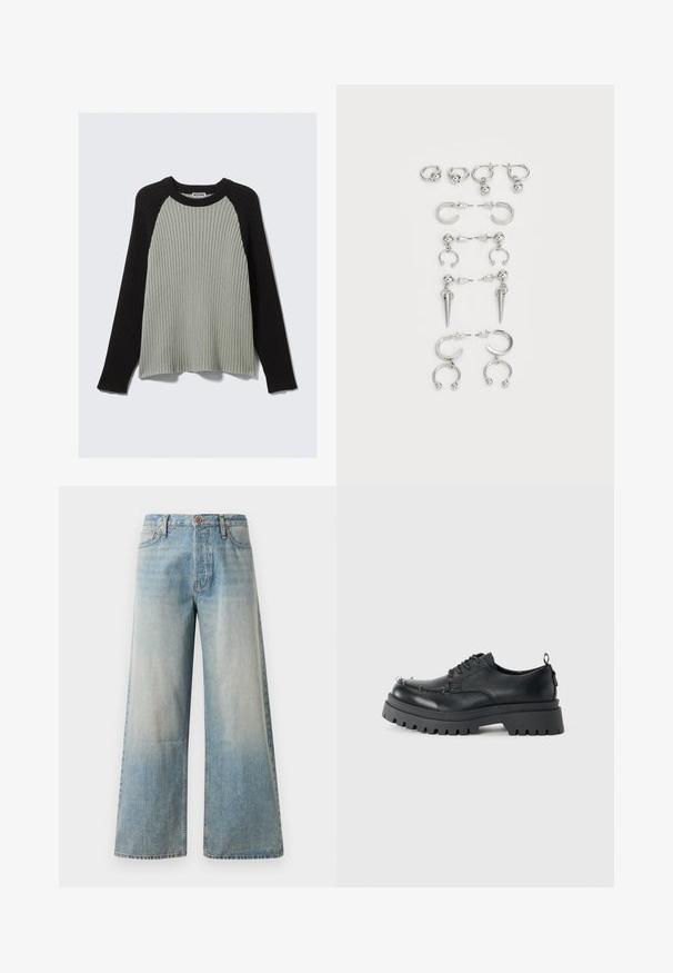 Geribbelde gebreide trui met lange zwarte mouwen en een lichtgrijze body. Voorzien van een ronde halslijn en een ontspannen pasvorm. Zachte textuur, casual ontwerp.; Lichtblauwe wijde denim jeans. Kenmerken zijn een hoge taille, knoopsluiting en subtiele vervaging met een soepele textuur en gestikte naden.; Zwarte chunky leren veterschoen met dikke robuuste zool en metalen oogjes op de neus, gefotografeerd tegen een effen lichte achtergrond.; Set van zilveren oorbellen met verschillende ontwerpen: hoops, studs en hangende stijlen, met balletjes en puntige elementen.