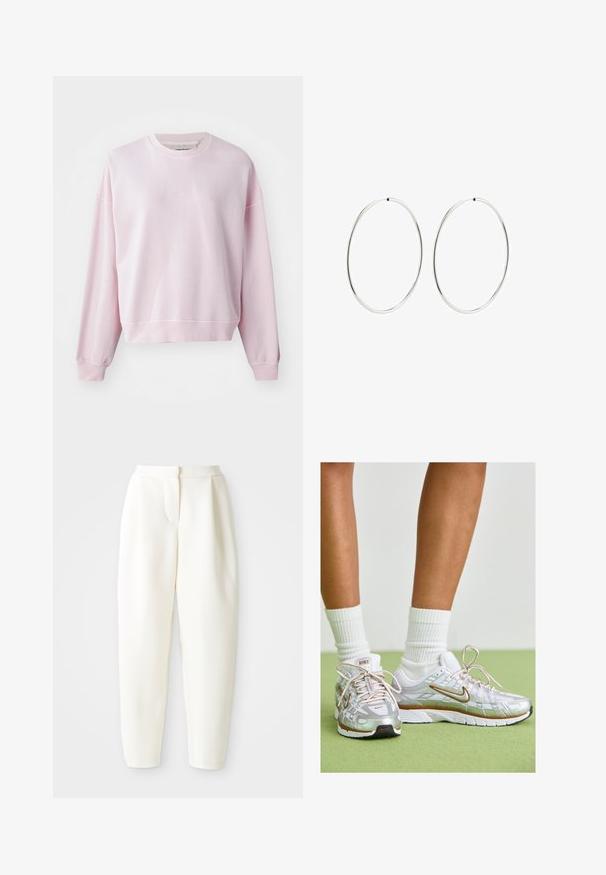 Svetloružový sweatshirt s okrúhlym výstrihom, spustenými ramenami a rebrovanými manžetami. Vyrobený z mäkkej bavlny, s jemne vyšitým logom na prednej strane.; Biele nohavice s vysokým pásom a zužujúcim sa strihom, s skrytým predným zapínaním a bočnými vreckami, vystavené na jednofarebnom bielom pozadí.; Strieborné športové topánky s bielymi a zlatými akcentmi, s vrchnou časťou z mäkkej sieťoviny, gumovou podrážkou a reflexným povrchom. Ponožky sú viditeľné nad členkom.; Strieborné kruhové náušnice s hladkým, okrúhlym dizajnom a lesklým povrchom. Sú tenké a ľahké, s jednoduchým uzáverom.