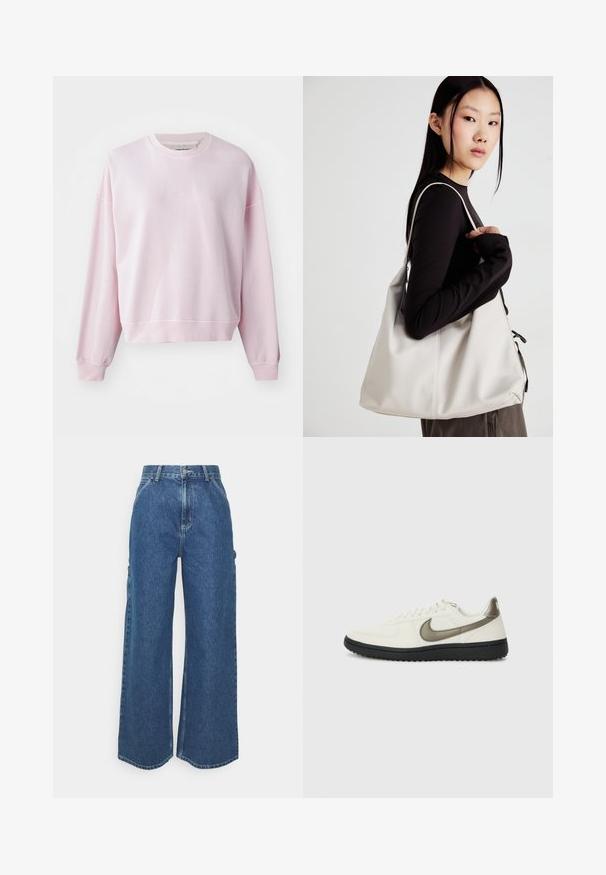 Ljusrosa sweatshirt med rund hals, sänkta axlar och ribbade ärmmuddar. Mjuk bomullsmaterial, med en subtil broderad logotyp på framsidan.; Breda ljusblå denimbyxor med hög midja, kontrasterande sömmar och sidofickor, som har en klassisk femficksdesign och råa kanter.; Nike Sportswear FIELD GENERAL - Sneakers - off-white/black; Beige handväska tillverkad av mjukt material, med en avslappnad design, sydda detaljer och två axelremmar. Lämplig för dagligt bruk.