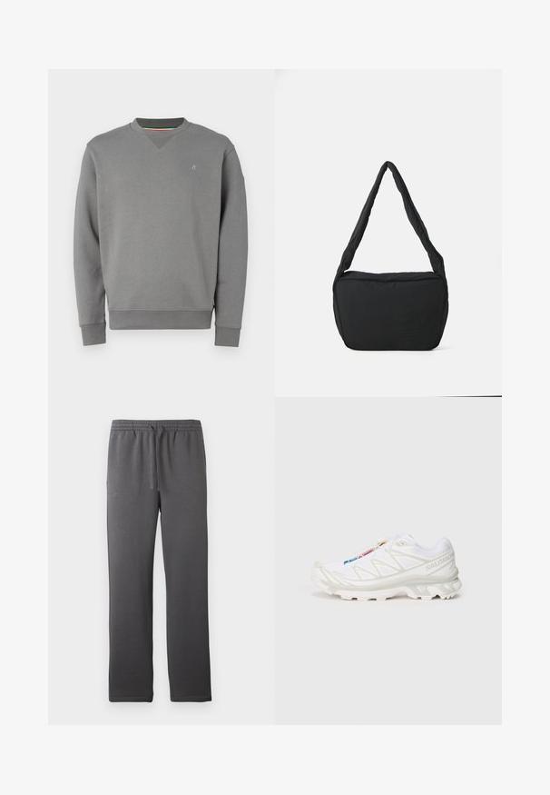 Grijze sweatshirt met een ronde hals, ribbelboorden en een onderrand. Heeft een subtiele logo-detail op de borst en een gestructureerde stofafwerking.; Grijze sportbroek met een elastische tailleband, koord en een gladde textuur. Heeft een rechte pijpontwerp en geen zichtbare zakken.; Witte sportieve schoen met een gestructureerde mesh bovenkant, reflecterende accenten en een gevoerde zool. Opvallend merklogo aan de zijkant.; Zwarte schoudertas met een gewatteerde textuur, een ronde vorm en een brede schouderband, met een reliëflogo aan de voorkant.