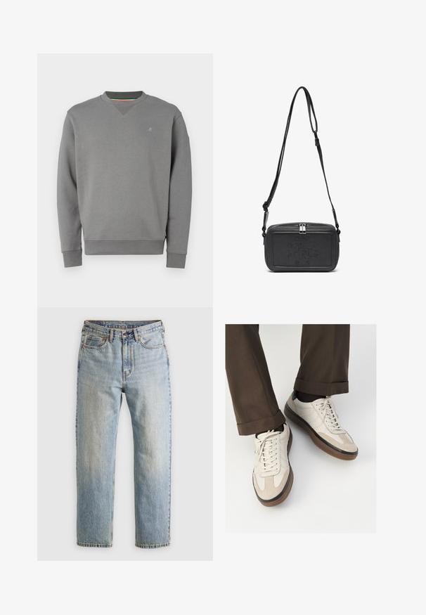 Szürke pulóver kerek nyakkal, bordázott mandzsettákkal és aljjal. Diszkrét logó részlet található a mellkasán, valamint texturált anyagú felülete van.; Világoskék farmernadrág magas derékkal, elülső gombbal, cipzárral és öt zsebbel, sima háttérre fektetve.; Beige sportcipők, texturált velúr elülső résszel, sima bőr oldalakkal és barna gumitalppal. Fűzők és világos varrási részletek is megtalálhatók.; Fekete bőrből készült keresztbe hordható táska cipzáras záródással, dombornyomott logóval az elején és állítható pánttal. Simább textúrájú, téglalap alakú.
