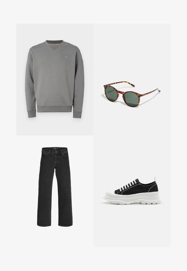 Sweatshirt gri cu guler rotund, mâneci și tiv cu detalii ribbate. Prezintă un detaliu subtil cu logo pe piept și un finisaj din țesătură texturată.; Jeans negre cu picioare largi, fabricate din denim; caracteristici un design clasic cu cinci buzunare, cusături rezistente și un închizător cu nasture la talie.; Pantofi sport negri din pânză, cu talpă de cauciuc albă, vârful rotund și șireturi albe. Talpă distinctiv texturată și detalii de cusătură pe lateral.; Ochelari de soare rotunzi cu un model în carapace de broasă țestoasă, lentile verzi și rame subțiri. Accentuati cu detalii metalice și temple texturate.; Colier din perle albe, cu o formă uniformă și rotundă, suprafață netedă și clapetă metalică cu un lanț de extensie pentru lungime ajustabilă.