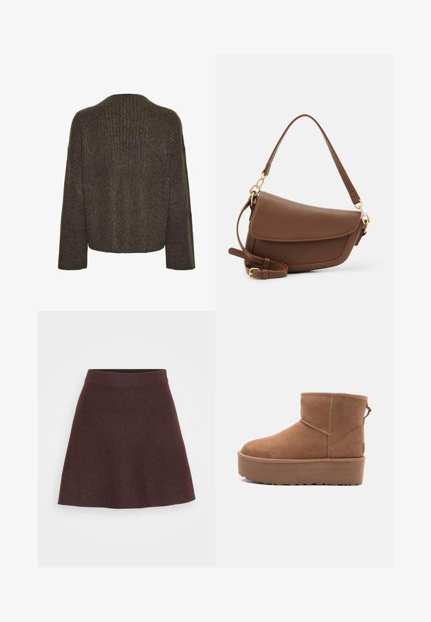 Pieces Neule - morel; Burgundy neulehame, jossa on levenevä muotoilu, leveä vyötärö ja sileä rakenne, yksivärinen ilman kuvioita tai korostuksia.; Tan suede nilonini kidogo chukua na sahani ya jukwaa, mguu wenye umbo la duara, na mapambo ya kushona; inajumuisha kipande cha kubana nyuma kwa kuvaa kwa urahisi.; Ruskea nahkainen olkalaukku, jossa on teksturoitu pinta, kaareva muoto, kultasävyinen metalliosat, säädettävä hihna ja läppäkiinnitys.