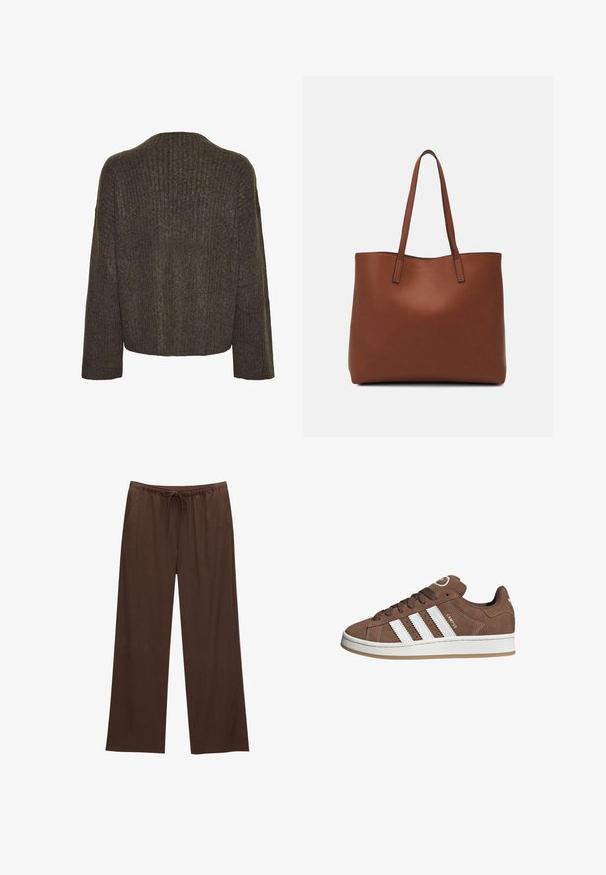 Pieces Maglione - morel; Pantaloni larghi marroni realizzati in tessuto morbido, con vita elastica e cordoncino, e due tasche laterali.; Sneakers in suede marrone con strisce in pelle bianca, suola in gomma, punta rotonda e lacci. Presentano un logo sulla linguetta e dettagli perforati.; Borsa tote in pelle marrone con texture liscia, design con apertura superiore e due spallacci. Presenta cuciture minime e nessun hardware visibile.