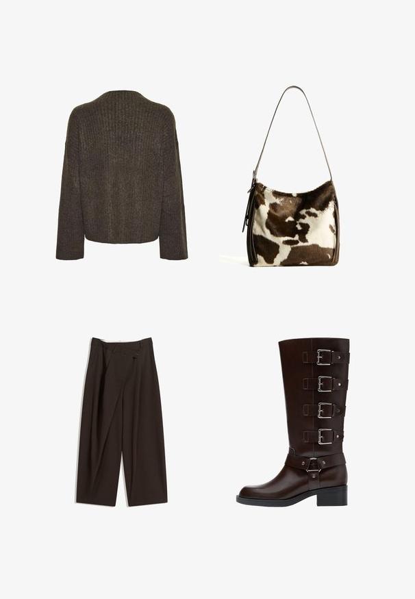 Pieces Vesta - morel; Tamno smeđe široke hlače s visokim strukom, s jednim dugmadi na zakopčavanju i pregibom sprijeda. Izrađene od laganog materijala.; Tamno smeđe kožne čizme do kolena sa zaobljenim vrhom, četiri podesiva remena sa kopčama i blok petom, sa glatkim i teksturiranim završetkom.; Smeđa i krem torba preko ramena od kravljeg krzna sa glatkim kožnim remenom, zatvaranjem na patentni zatvarač i mekom, teksturiranom površinom koja sadrži prirodan uzorak.
