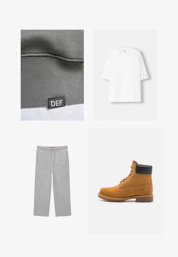 Grå sweatshirtstof med ribbet tekstur. Har et sort label med hvid tekst "DEF" nederst på kanten. Glat overflade og enkelt design.; Hvid kortærmet T-shirt lavet af bomuld, med rund halsudskæring og en afslappet pasform. Glat tekstur, uden synlige mønstre eller detaljer.; Grå bomulds-loungebukser med elastisk talje, snor og to sidelommer; lige ben-design, blød tekstur, uden mønstre.; Tan nubuck ankelstøvle med sort polstret krave, gyldne metaløjer, hvid syning detaljer og robust gummisål med udtalte slidbaner.