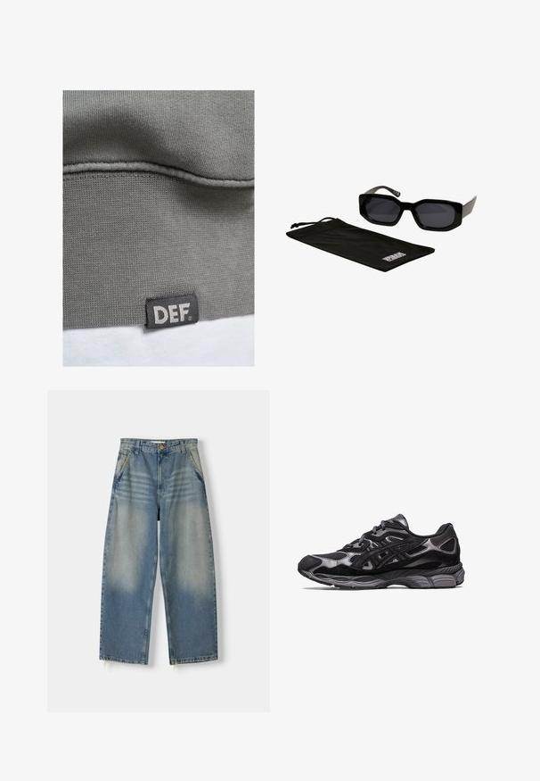 Grijs sweatshirtmateriaal met een geribbeld patroon. Heeft een zwart etiket met witte tekst "DEF" aan de onderzoom. Glad oppervlak en een eenvoudig ontwerp.; Lichtblauwe denim broek met wijde pijpen en een vervaagde afwerking, vijf zakken ontwerp en een ruwe zoom. Voorzien van een knoop- en ritssluiting aan de voorkant.; Zwarte sportschoen met een bovenwerk van mesh en suede, met een gestructureerd ontwerp en een robuuste, gewatteerde grijze zool.; Zwarte zonnebril met hoekige, oversized monturen en donkere lenzen, vergezeld van een zwarte microfiber zak met een logo erop.