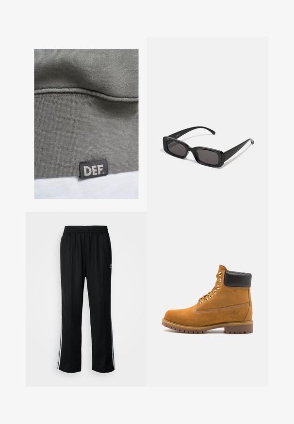 Gray sweatshirt fabric with a ribbed texture. Features a black label with white text "DEF" at the bottom hem. Smooth surface and simple design.; Black athletic pants with an elastic waistband, featuring white side stripes and a small logo. Material appears soft and lightweight.; Tan suede ankle boot with black padded collar, gold metal eyelets, white stitching detailing, and rugged rubber sole with pronounced treads.; Black rectangular sunglasses with dark lenses, glossy finish, wide arms, and a chunky frame design. Engraved brand name on one arm.