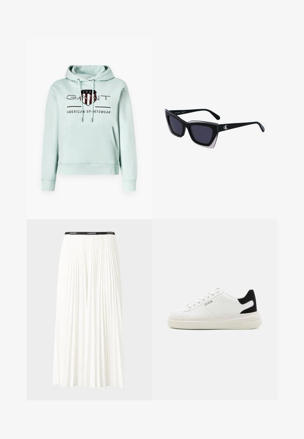 Helle mintgrüne Kapuzenjacke aus weichem Baumwollmaterial, mit einer Vorderentasche, verstellbaren Zugbanden und einem auffälligen Logo mit roten und blauen Akzenten.; Faltenrock aus Weiß mit einem schwarzen elastischen Bund, der das "LACOSTE"-Logo trägt. Mittellanges Design mit weicher Textur.; Weiße Leder-Sneaker mit einer dicken weißen Sohle, schwarzem Wildlederakzent an der Ferse und geprägtem Logo an der Seite. Schnürdesign mit sechs Ösen.; Schwarze übergroße Sonnenbrille mit geometrischer Form, ausgestattet mit dunklen Gläsern und einem kontrastierenden grauen Detail im Rahmen. Logo am Bügel.