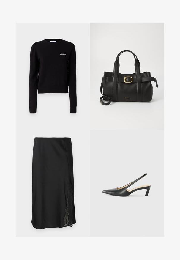 Black knitted sweater with long sleeves, a round neckline, and ribbed cuffs and hem. Features "2ND DAY" logo embroidered on the chest.; Black satin skirt with a smooth texture, featuring a lace accent on one side and a straight hem. Elastic waist for flexible fit.; Black pointy-toed slingback shoe with a low heel, featuring smooth leather material and cut-out design on the side for breathability.; Black leather handbag featuring a structured design, dual top handles, gold-tone buckle accent, and embossed brand logo at the front.