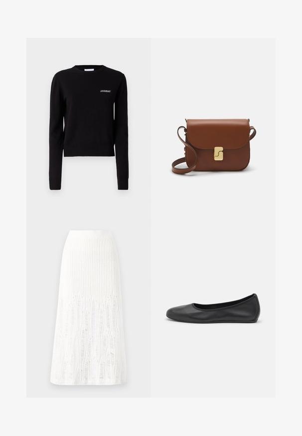 Crna pletena majica sa dugim rukavima, okruglim izrezom i rebrastim manžetama i donjim rubom. Sadrži izvezeni "2ND DAY" logo na prsima.; Pleteni bijeli midi suknja s teksturiranim uzorkom sa vertikalnim linijama i izrezanim detaljima blizu rubova. Elastična visoka struk. Mekani materijal.; Crne kožne baletanke s zaobljenim vrhom, glatke teksture, minimalnim detaljima šavova i fleksibilnim dizajnom potplata.; Smeđa kožna torba s preklopom, zlatnim detaljima, remenom za nošenje preko ramena i glatkom teksturom. Kompaktni pravokutni oblik.