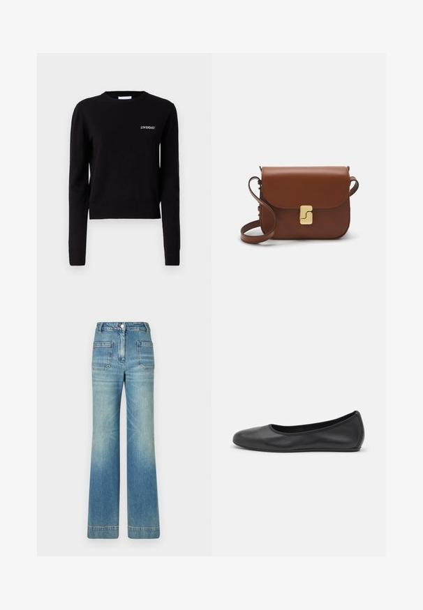 Black knitted sweater with long sleeves, a round neckline, and ribbed cuffs and hem. Features "2ND DAY" logo embroidered on the chest.; White short-sleeve t-shirt made of ribbed fabric. Round neckline, regular fit, and subtle stitching details. No patterns or graphics.; Light blue denim flared jeans with five pockets, belt loops, button closure, and a slightly faded texture, featuring a red logo detail on the back.; Black leather ballet flat with a rounded toe, smooth texture, minimal stitching detail, and a flexible sole design.; Brown leather handbag with a flap closure, gold-tone hardware, a shoulder strap, and a smooth texture. Compact rectangular shape.